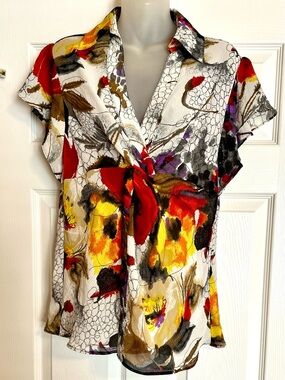 Ivy Chic Wrap front Watercolor Floral Sheer Blouse in Red, Yellow & Black